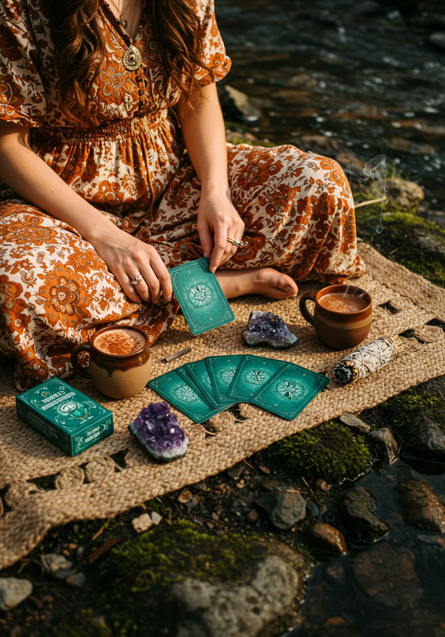 Charlene offering an intuitive guidance session beside a flowing stream in Sarina QLD with oracle cards, cacao, crystals, and sage arranged on a woven mat for a grounded soul-led session.