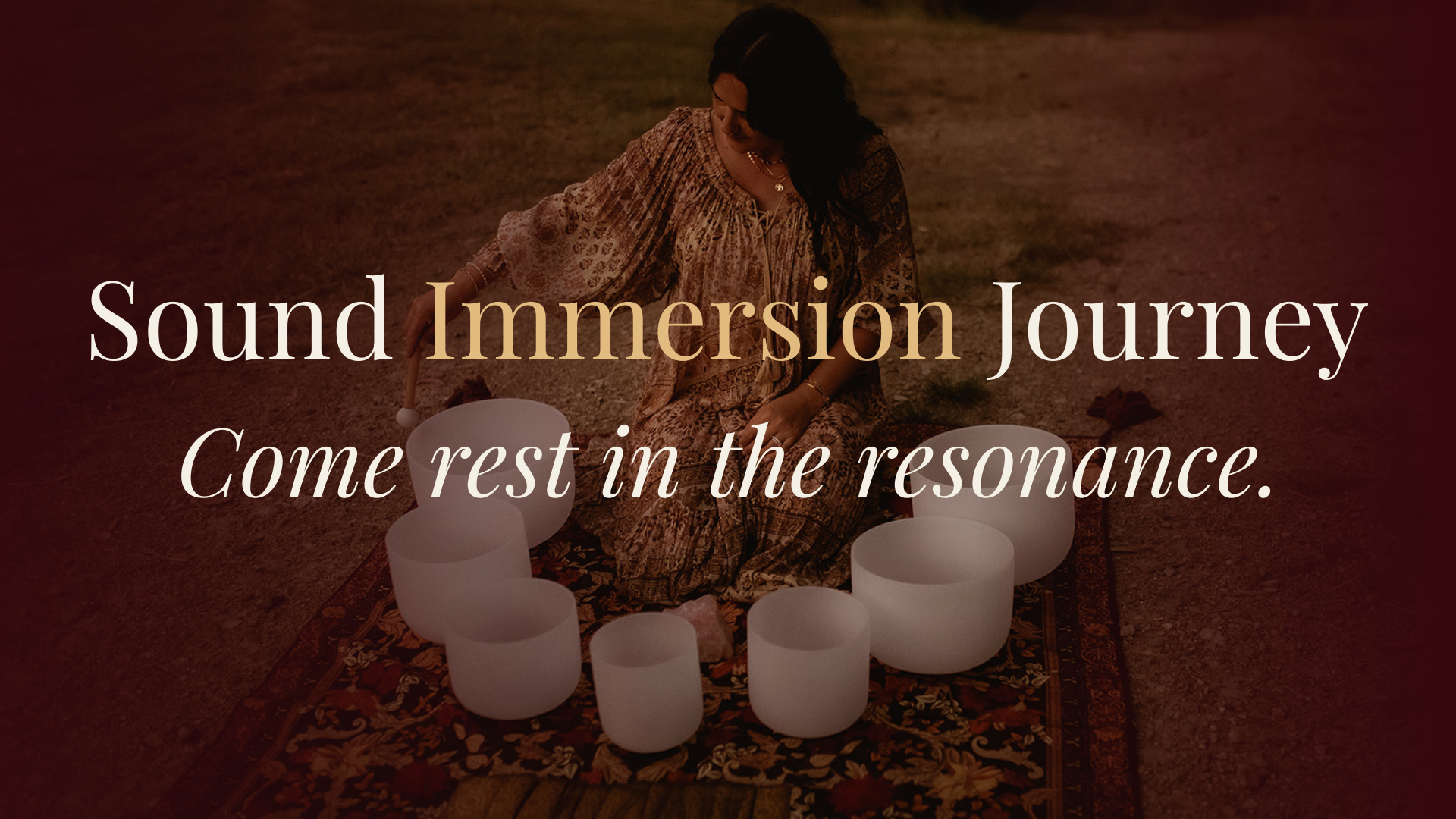 Sound Immersion Charlene playing crystal singing bowls during a Sound Immersion Journey in Sarina QLD with the words “Come rest in the resonance” inviting deep relaxation and healing through sound. Sessions Come rest in the resonance.