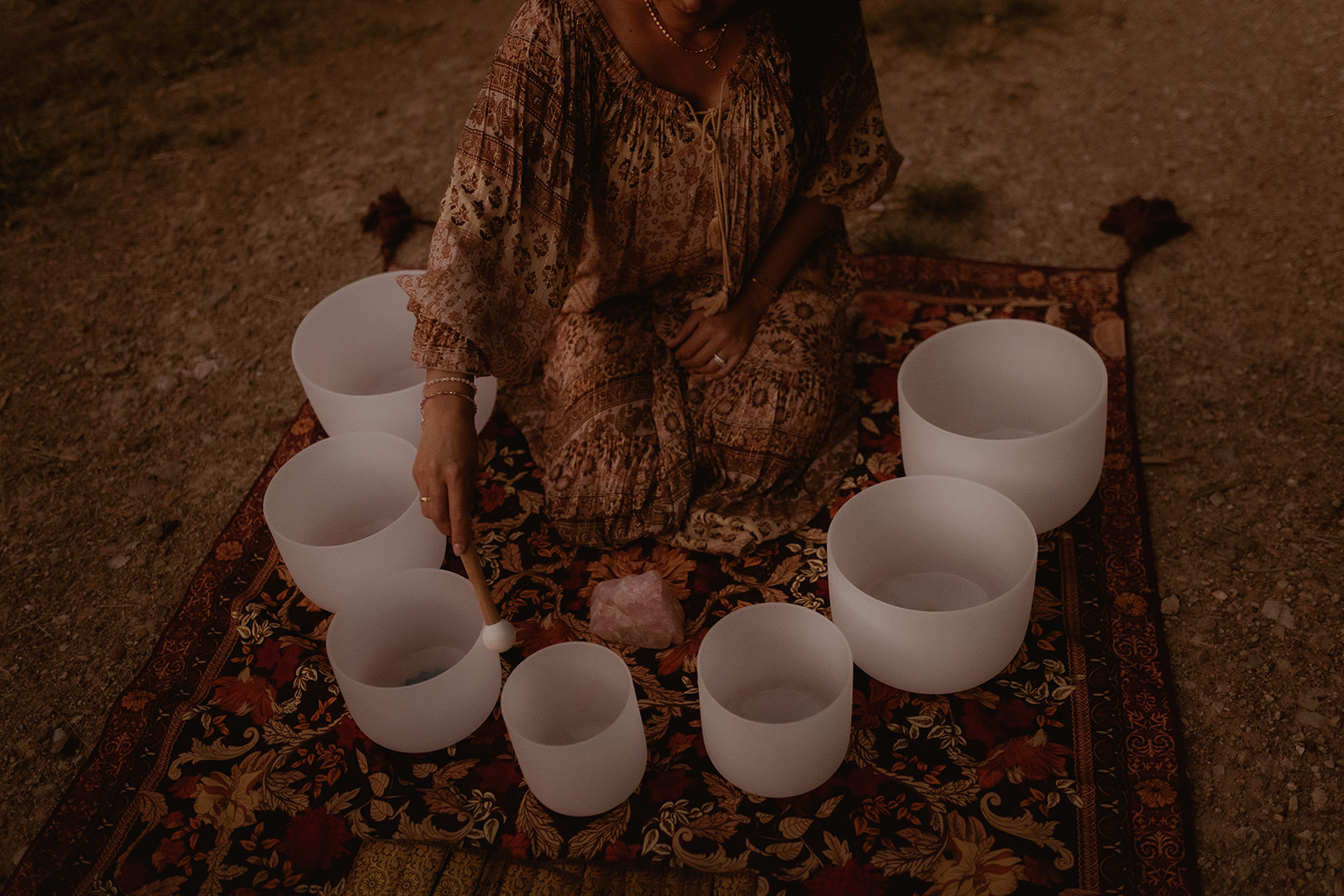 Sound Immersion Journey service card showing crystal singing bowls, shamanic drum, and sacred tools used for energy clearing and nervous system restoration.
