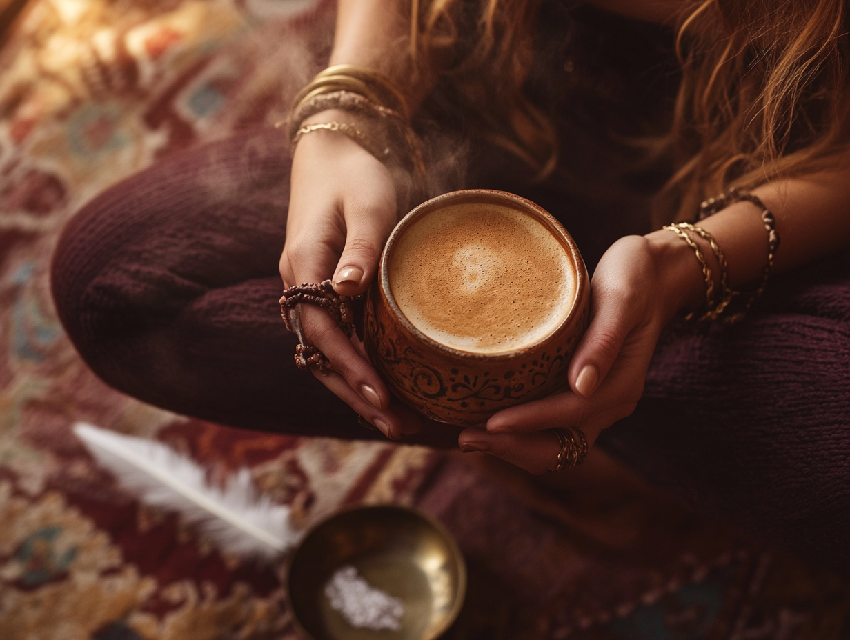 Close-up of a woman holding a steaming ceremonial cacao cup while seated on a woven rug with gentle lighting and sacred tools nearby, symbolising heart-opening rituals and soulful connection.